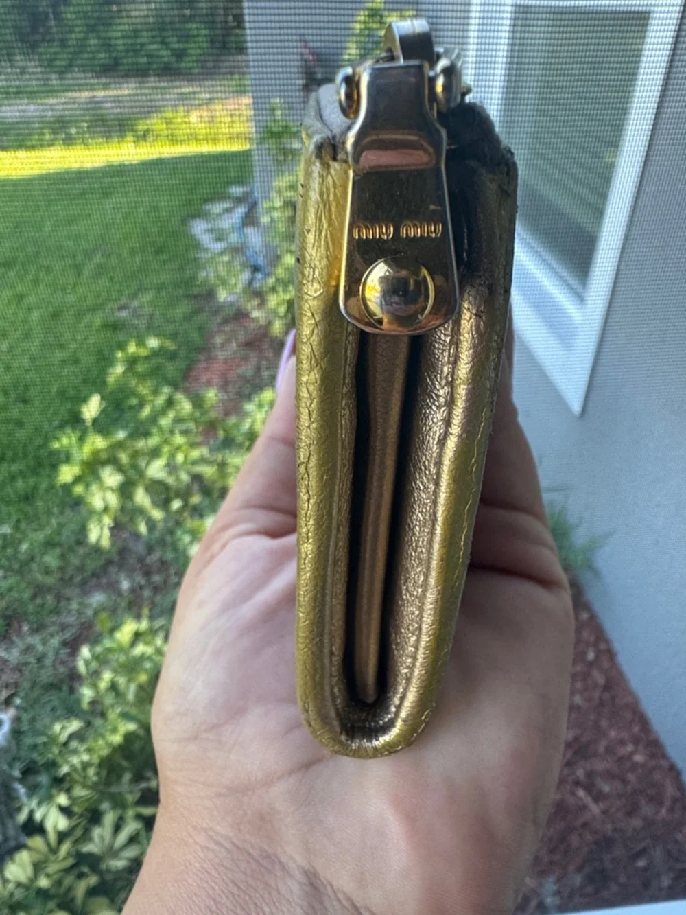Miu Miu tan Leather Zip Wallet with Gold interior